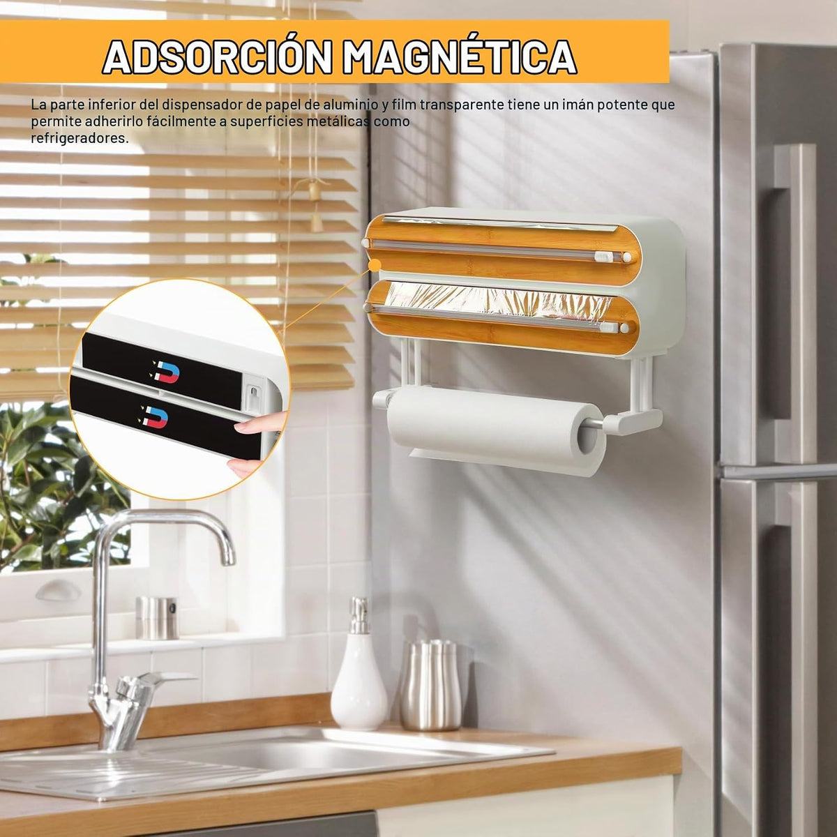 Dispensador Magnético 3 en 1 para Film, Aluminio y Papel Absorbente