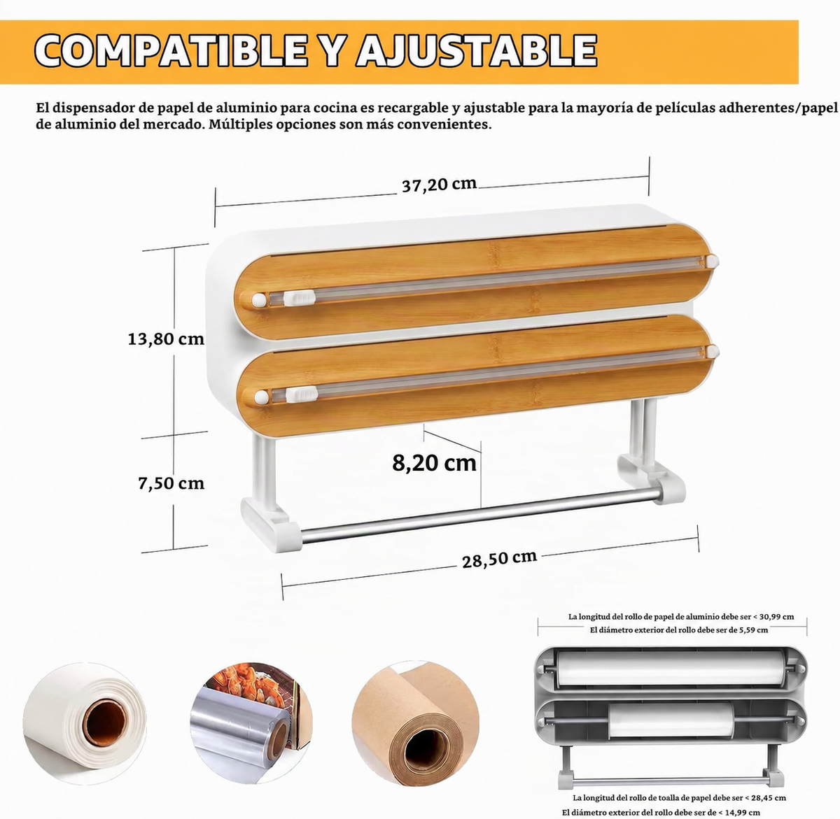 Dispensador Magnético 3 en 1 para Film, Aluminio y Papel Absorbente