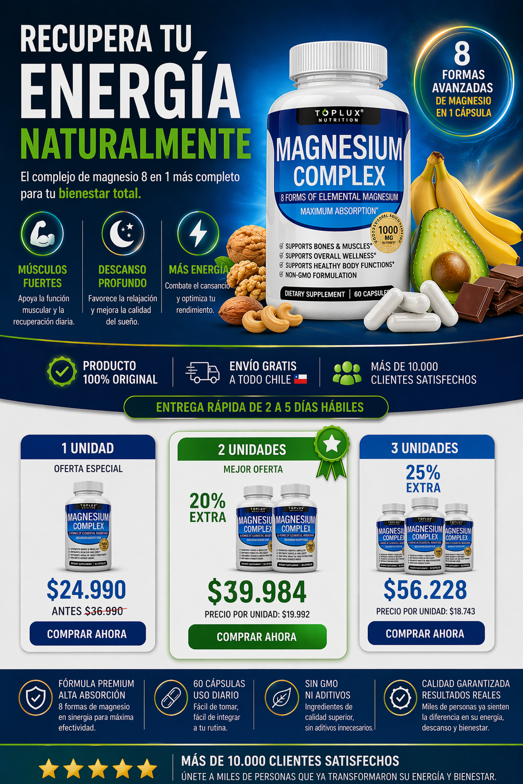 Magnesio Complex 8 en 1 Premium | Energía, Sueño, Músculos y Concentración | 60 Cápsulas de Alta Absorción
