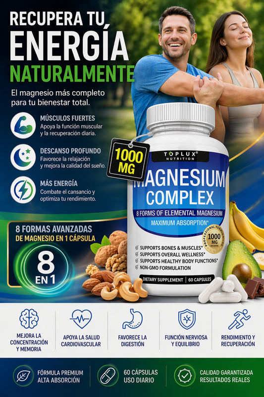 Magnesio Complex 8 en 1 Premium | Energía, Sueño, Músculos y Concentración | 60 Cápsulas de Alta Absorción