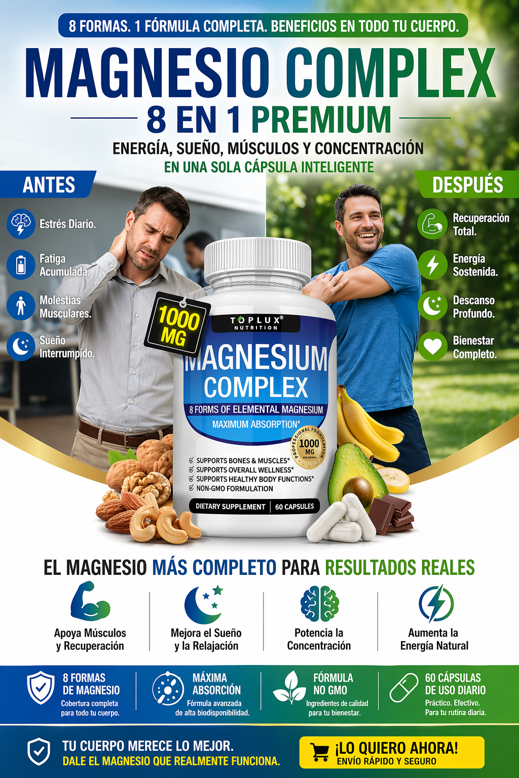 Magnesio Complex 8 en 1 Premium | Energía, Sueño, Músculos y Concentración | 60 Cápsulas de Alta Absorción
