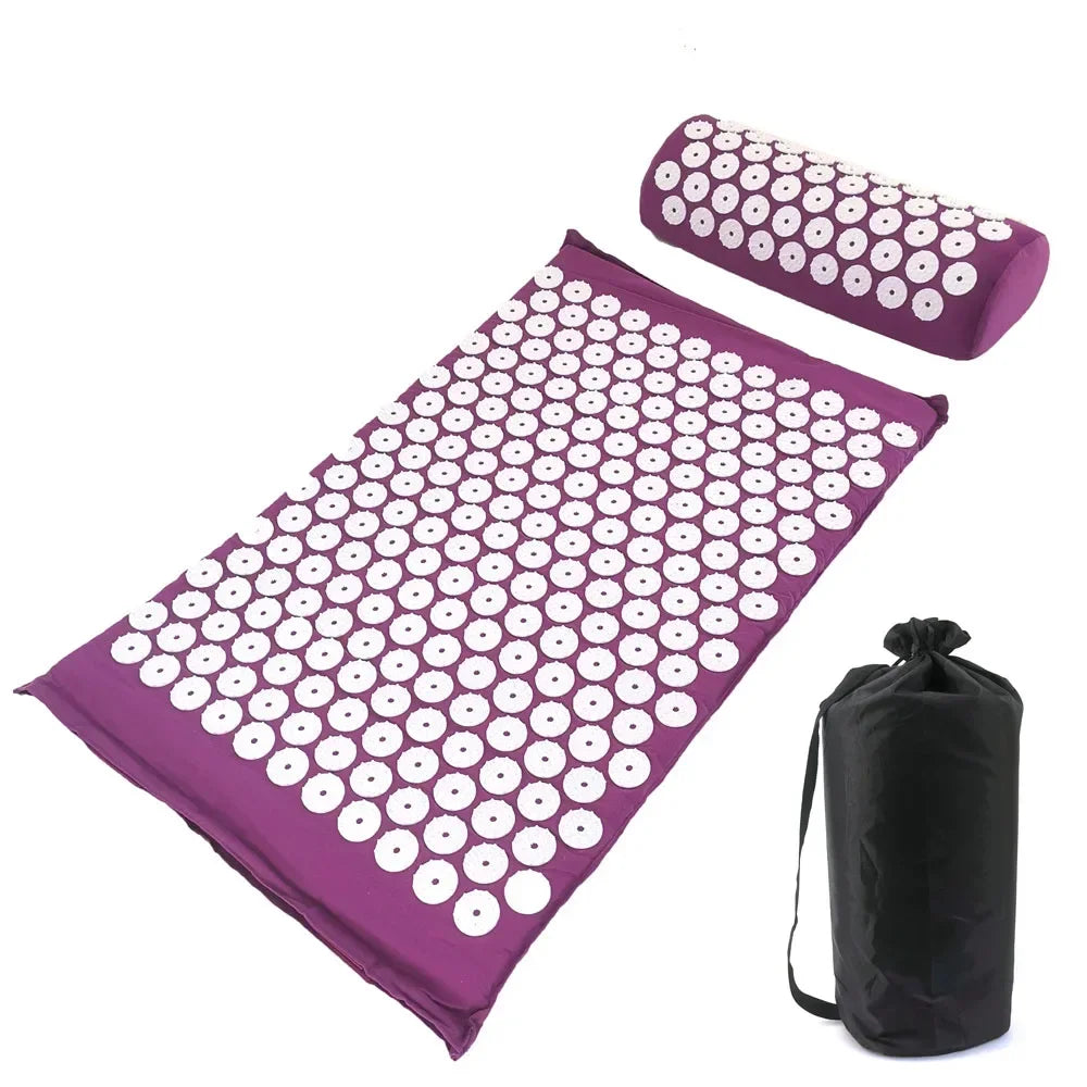Esterilla de acupresión morada con almohada y bolso