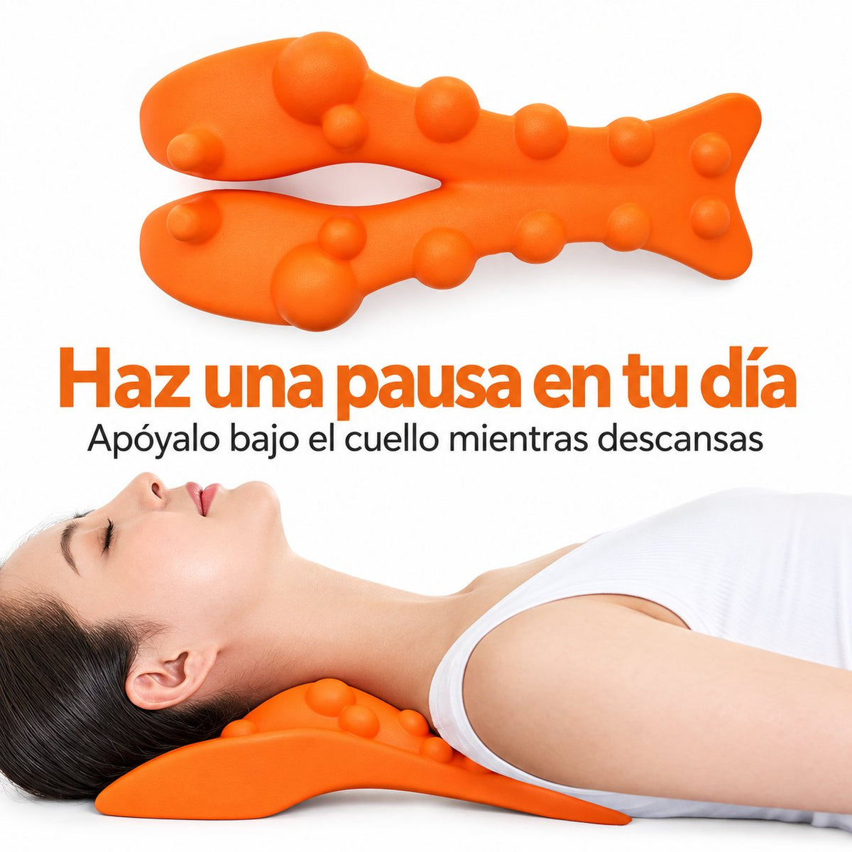 Almohada masajeadora cervical en forma de Y y mujer usándola acostada