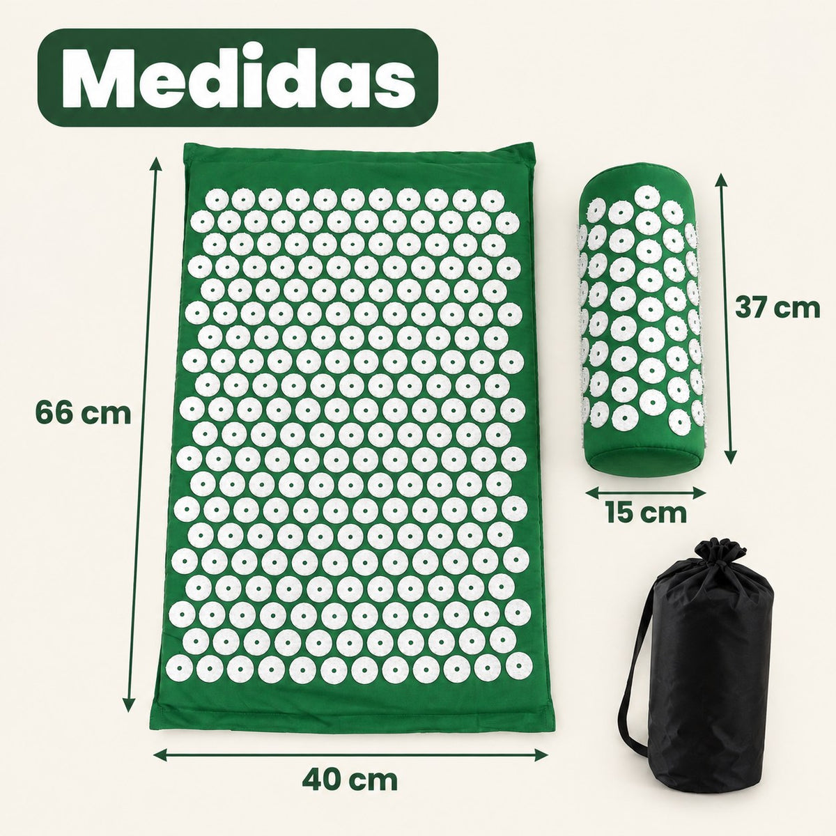 Medidas de la esterilla de acupresión (66 x 40 cm) y la almohada (37 x 15 cm)