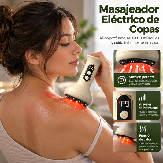 Mujer usando el masajeador eléctrico de ventosas en el hombro