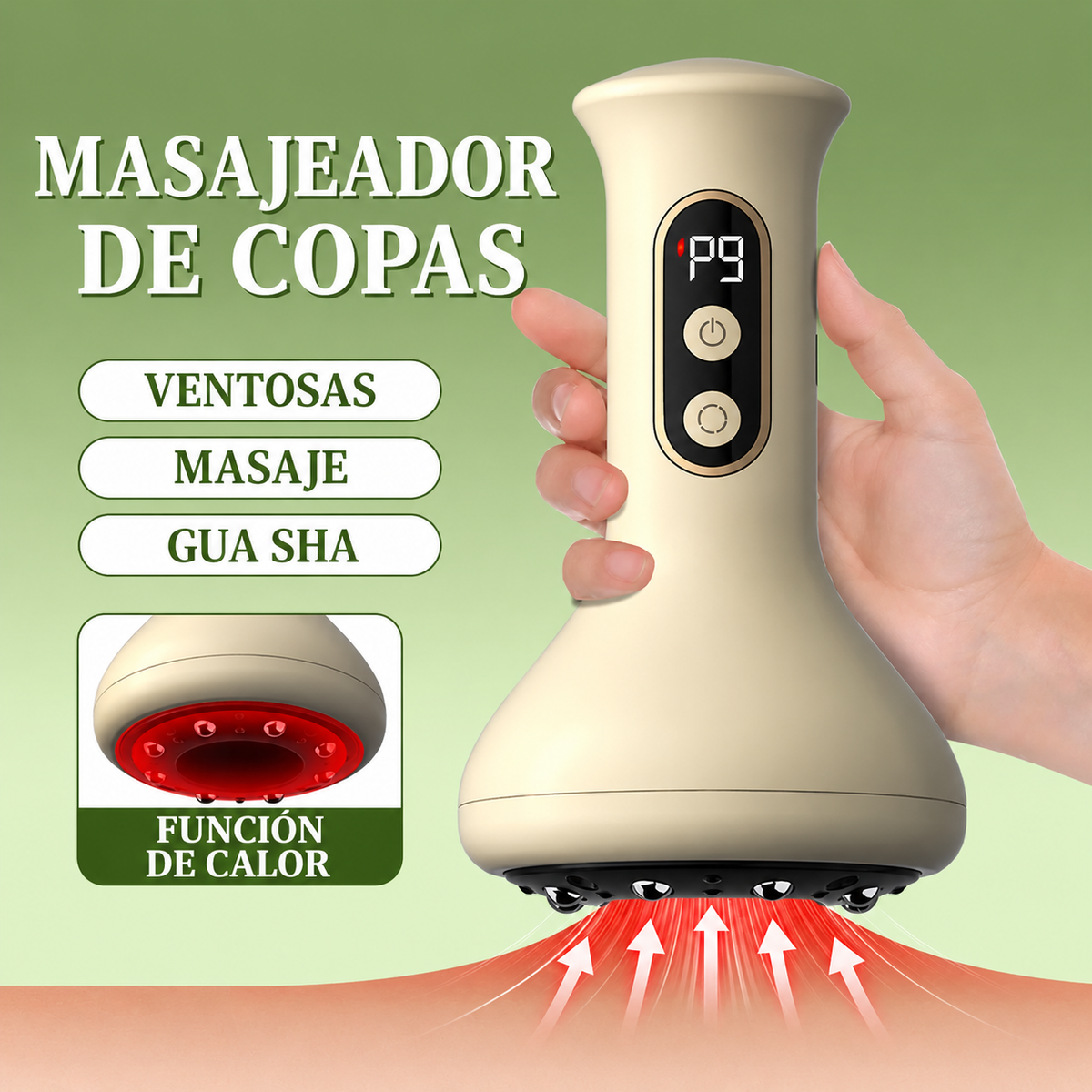 Masajeador de ventosas en la mano, con pantalla y funciones