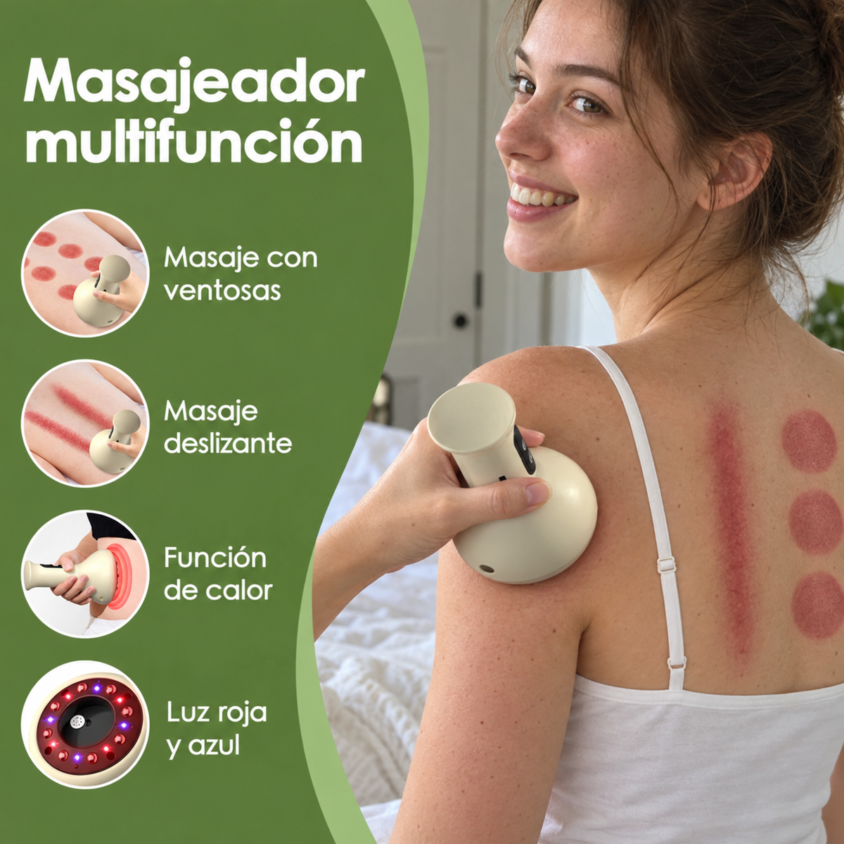 Funciones del masajeador: ventosas, masaje deslizante, calor y luz roja y azul